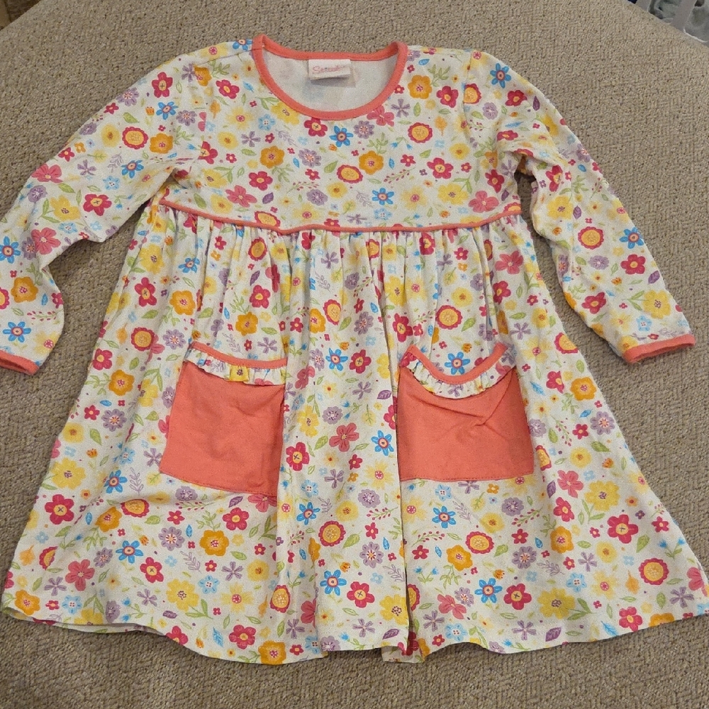 Girls Floral Long-Sleeve Dress with Coral Pockets